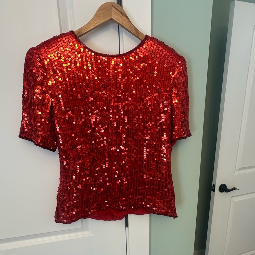 Vintage Red beaded silk sequin Women's Top-
 Razzle Dazzle size XL fits like a M